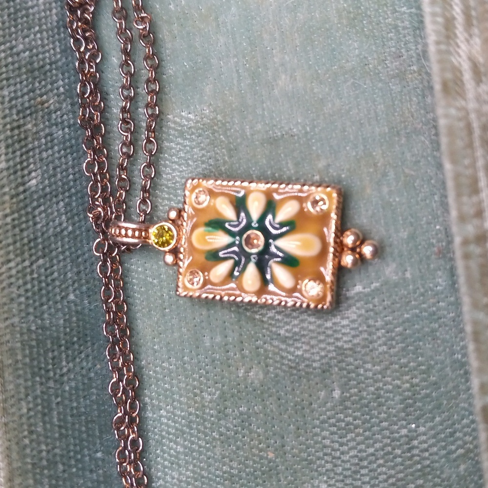 Gold tone enamel necklace pendant on chain